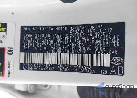 2017 Toyota Corolla Se from USA, damaged, VIN 2T1BURHE1HC875218